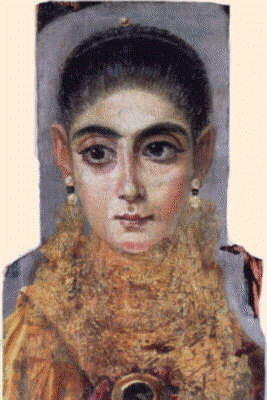 Portret dziewczyny, 120-130 r., Enkaustyka i zocenie na drewnie cedrowym. Luwr